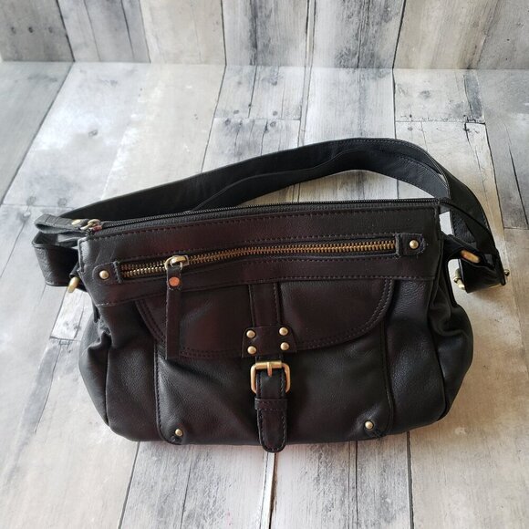 Handbags - Black Leather Handbag with Gold Colored Hardware